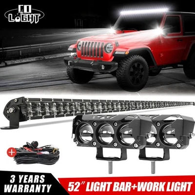 52'' inch LED Light Bar + 4" Pods + Wire Combo Kit for Jeep Wrangler JK TJ YJ CJ - Image 1 of 4