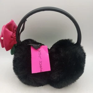 Girl's Betsy Johnson Black Faux Fur Ear Muffs Pink Rose One Size Fits Most New - Picture 1 of 8