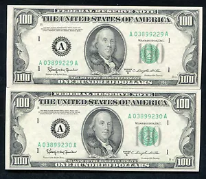 (2) CONSECUTIVE FR. 2161-A 1950-D $100 FRN FEDERAL RESERVE NOTES BOSTON, MA GEM - Picture 1 of 2