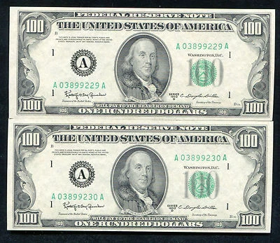 (2) CONSECUTIVE FR. 2161-A 1950-D $100 FRN FEDERAL RESERVE NOTES BOSTON, MA GEM  - Image 1 of 2