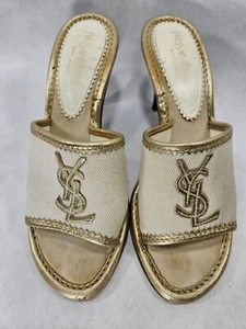 YSL Yves Saint Laurent 36 Heels Gold Leather Canvas Logo Spell Out Mules DAMAGE - Picture 1 of 13