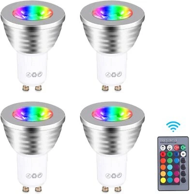 4 GU10 LED RGB LIGHT BULBS - DIMMABLE RGB BULB 3W SPOTLIGHT & 4 REMOTE CONTROLS. - Image 1 of 4
