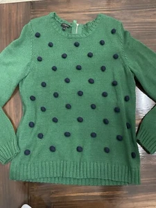 Talbots Pom Pom Sweater Womens Large Green Knit Back Zip Long Sleeve Pullover - Picture 1 of 14