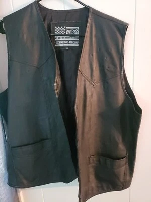 USA Extreme Biker Black Leather Vest mens XXL  American Flag - Image 1 of 4