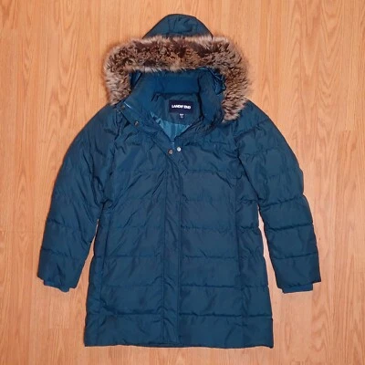 Lands End Long Down Puffer Jacket Coat Womens Medium Petite Blue Fur Trim Hood - Image 1 of 4