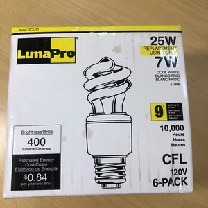 Lot of 6 -LumaPro CFL 2CUT1 Medium Screw E26 400 Lumens 7W T2 Mini Spiral (5514) - Picture 1 of 8