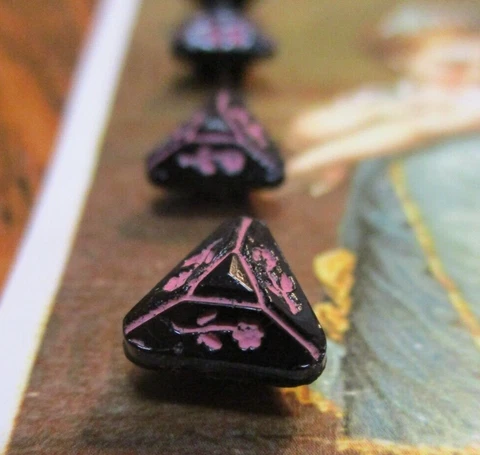 Set of 4~Vintage Tiny 3/8” hand Painted  black pink triangle glass  Buttons ~NOS Cover