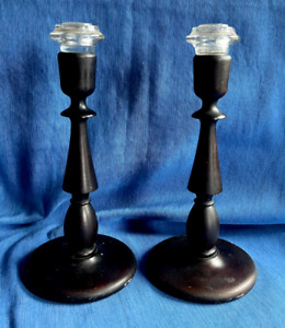 CANDLESTICKS 11" Turned wood with Glass insert
