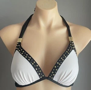 VICTORIA'S SECRET Bikini Top White Black Trim Padded Gold Stud Trim Size S 10 - Picture 1 of 9