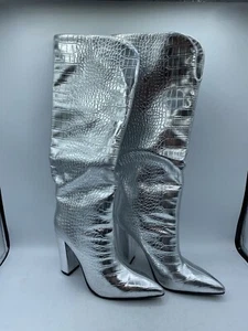 Women Silver Knee High Boots Slim Calf Block Heel Pointed Toe Tall Boots Pull On - Picture 1 of 13