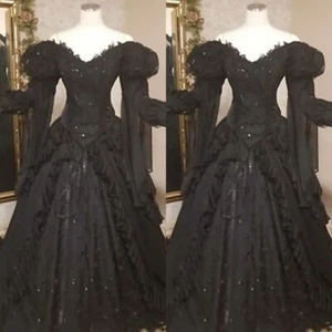 Victorian Wedding Dresses Long Sleeves Black Vintage Beading Bridal Gowns - Picture 1 of 9