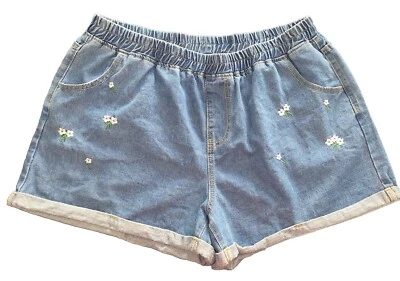 Denim Embroidered Stretch Waist Shorts Sz 3XL By SHEIN Curve 1X 2X - Image 1 of 4