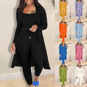3PCS Womens Tracksuits Set Stretchy Loungewear Ribbed Vest+Pants+Coat Outfits - Picture 1 of 49