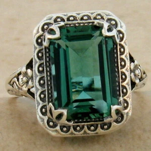 ART NOUVEAU STYLE 925 STERLING SILVER SOLITAIRE SIMULATED EMERALD RING 891X - Picture 1 of 4