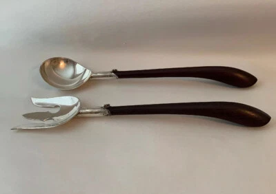 JUEGO DE CUCHARA GRANDE PESADO DE MEDIADOS DE SIGLO DE PLATA ESTERLINA CAOBA ENSALADA TENEDOR Foto 1 de 4