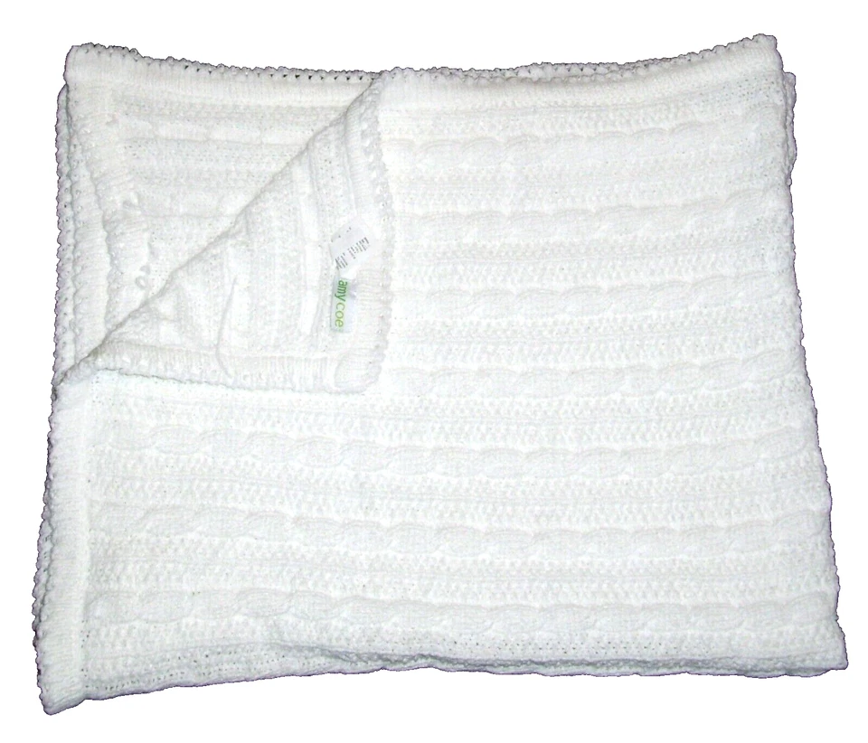 Amy Coe Blanco Verde Etiqueta Cable Tejido Chenilla Bebé Manta Seguridad Bebés R EE. UU. Foto 1 de 2