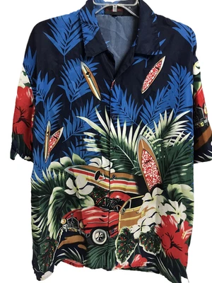 Рубашка Big Brother XL Y2K винтажная на пуговицах гавайская ладонь цветочный узор дерево старый автомобиль серфинг - Изображение 1 из 4