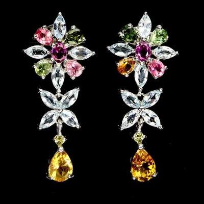 925 Sterling Silver Earrings Pear Citrine 7x5mm Topaz Tourmaline Gemstone - Image 1 of 4