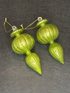 Set 2 Gold Grün Mundgeblasene Glas Endstücke Ornamente 5" Vintage-inspiriert Weihnachten - Bild 1 von 7