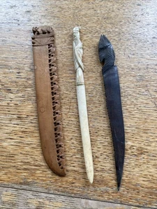 Vintage Hand Carved Dark Wood Bone Fish Elephant Chinese Letter Openers x 3  - Picture 1 of 9