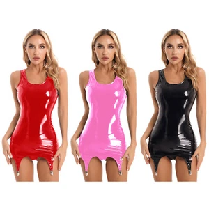 Mujeres Wet Look Tank Top Bodycon Mini Dress Leather Backless Night Clubwear Dress - Imagen 1 de 44