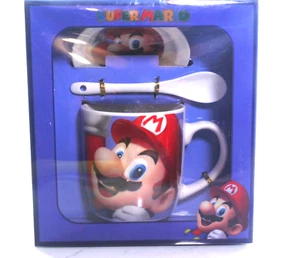 Super Mario Bros Coffee Mug + PLATE + SPOON. Red / White Nintendo.MARIO'S FACE - Picture 1 of 1