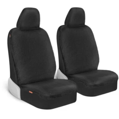 Fundas de asiento de auto de piel de oveja sintética de lana para asientos delanteros negras para mujer Foto 1 de 4