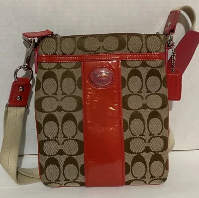 Coach Signature Crossbody Swingpack Bag Khaki & Salmon (Patent) Trim NICE! - Image 1 of 4