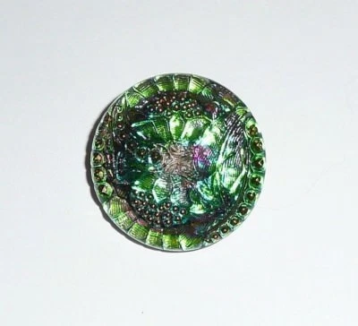 Beautiful Flower Green & Purple Czech Glass Shank Button - 1-1/16" - Image 1 of 4