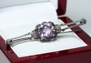 835 Argento - Antico Art Deco Spilla - Naturale Ametista - Foto 1 di 6