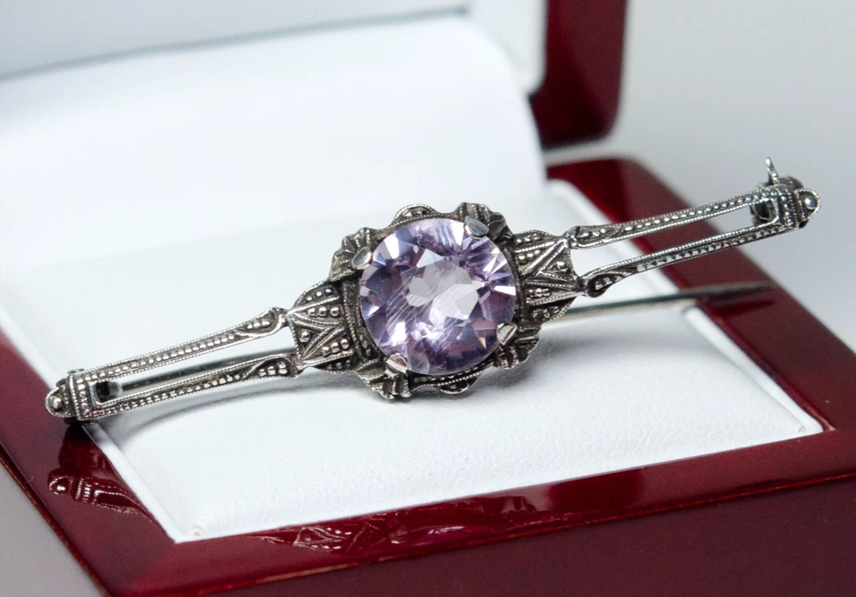 835 Argento - Antico Art Deco Spilla - Naturale Ametista - Immagine 1 di 4