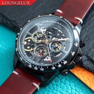 Mens Automatic Mechanical Watch Date Day Watch Black Oil Waxed Dark Red Leather - Picture 1 of 11