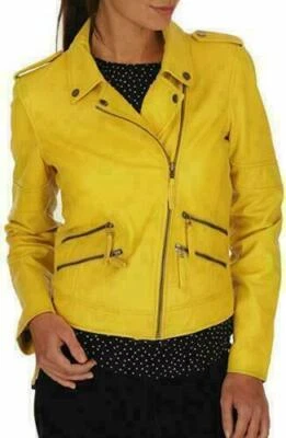 Elegante abrigo de cuero de cordero amarillo de motociclista para mujer chaqueta genuina ajustado para motocicleta Foto 1 de 4