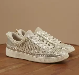 Dolce Vita Womens Nicona Sneakers Shoes Gold Woven Leather Lace Up Size 8.5 - Picture 1 of 9