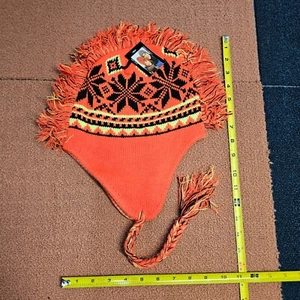 Mohawk Fringe Beanie Knit Winter Hat Lined Ties Ear Flap orange BlackYellow U6a - Picture 1 of 6