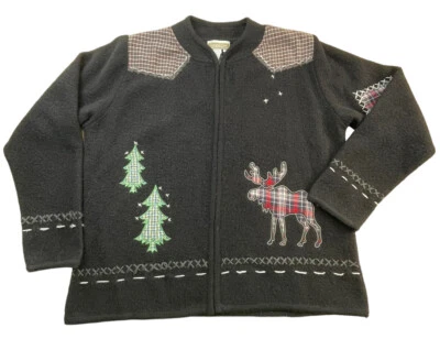 Coldwater Creek Suéter de Lana M Cremallera Frontal Patchwork Navidad Alce Negro Foto 1 de 4