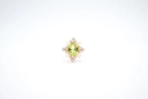 14K Yellow Gold Oval Peridot and Diamond Flower Four Prong Ring - Picture 1 of 8