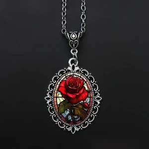 Flower Rose Gothic Silver Jewelry Love Vintage Look Oval Pendant Necklace - Picture 1 of 5