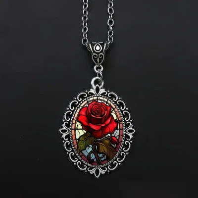 Collar Colgante Flor Rosa Gótica Plata Joyería Amor Vintage Look Ovalado Foto 1 de 4