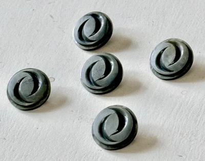 Vintage Large Army Green Plastic Shank Buttons (5) 1"-MCM-Carved Swirl/YinYang - Image 1 of 4