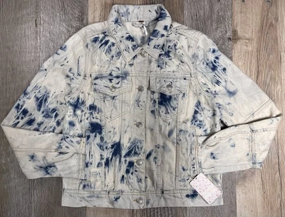 FREE PEOPLE Jones Tie Dye Blue Rumors Denim Jacket 100% Cotton Women's Large NWT - Image 1 of 4