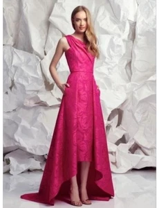 Pamella Roland Kleid Größe 6 formell rosa Blumen Jacquard hoch niedrig eine Schulter - Bild 1 von 11