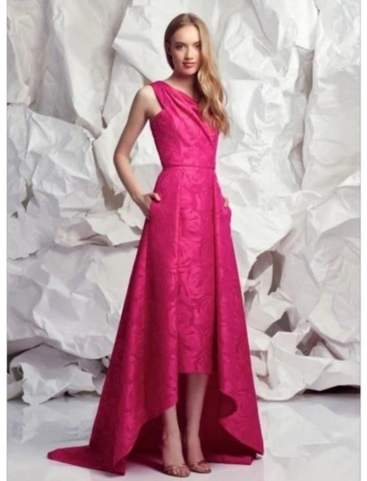 Vestido Pamella Roland Talla 6 Formal Rosa Floral Jacquard Alto Bajo Un Hombro Foto 1 de 4