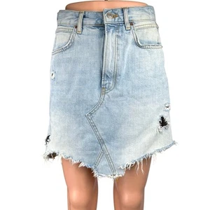 Zara Blue Light Wash Denim Distressed Raw Hem Straight Pencil Jeans Skirt Size M - Picture 1 of 5