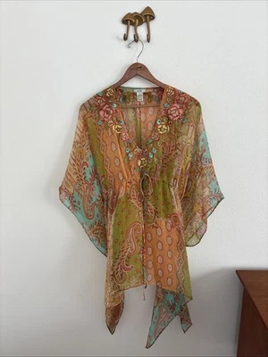 Vintage Cache Silk Embroidered Colorful Paisley Sheer Fairy Blouse Y2K Medium - Image 1 of 4