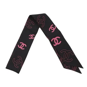 CHANEL Scarf CC Logo Silk100% Black/Pink - Picture 1 of 8
