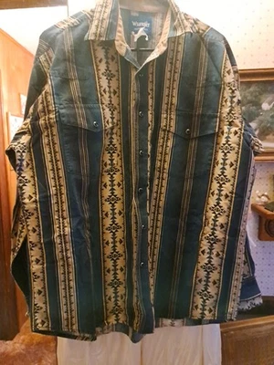 Vintage Wrangler Blue Pearl Snap Western Southwest Aztec Shirt Mens L Cowboy - Image 1 of 4