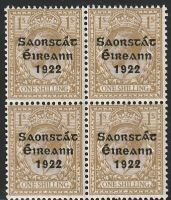 IRLANDA, Scott #55 Bloque de 4: 1 Sh, MNH, 1922-23 Thom Sobreimpresión en Negro Foto 1 de 2