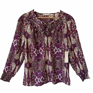 Sunny Leigh Blouse Size Medium M Tie Neck Burgundy Paisley Purple Boho New NWT - Picture 1 of 10