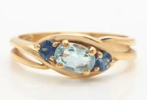 0.50 Ct Natural Aquamarine and Sapphire in 14K Solid Yellow Gold Ring - Picture 1 of 6
